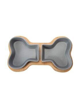 Bone Shape Bowl Set For Dogs & Cats 2 Ceramic Bowls With Bamboo Tray Suitable Fo